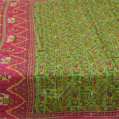 Sanskriti Vintage Sarees Green Human Animal Printed Pure Silk Sari 5yd Fabric