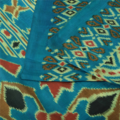 Sanskriti Vintage Sarees Blue Ikat Printed 100% Pure Silk Sari 5yd Craft Fabric