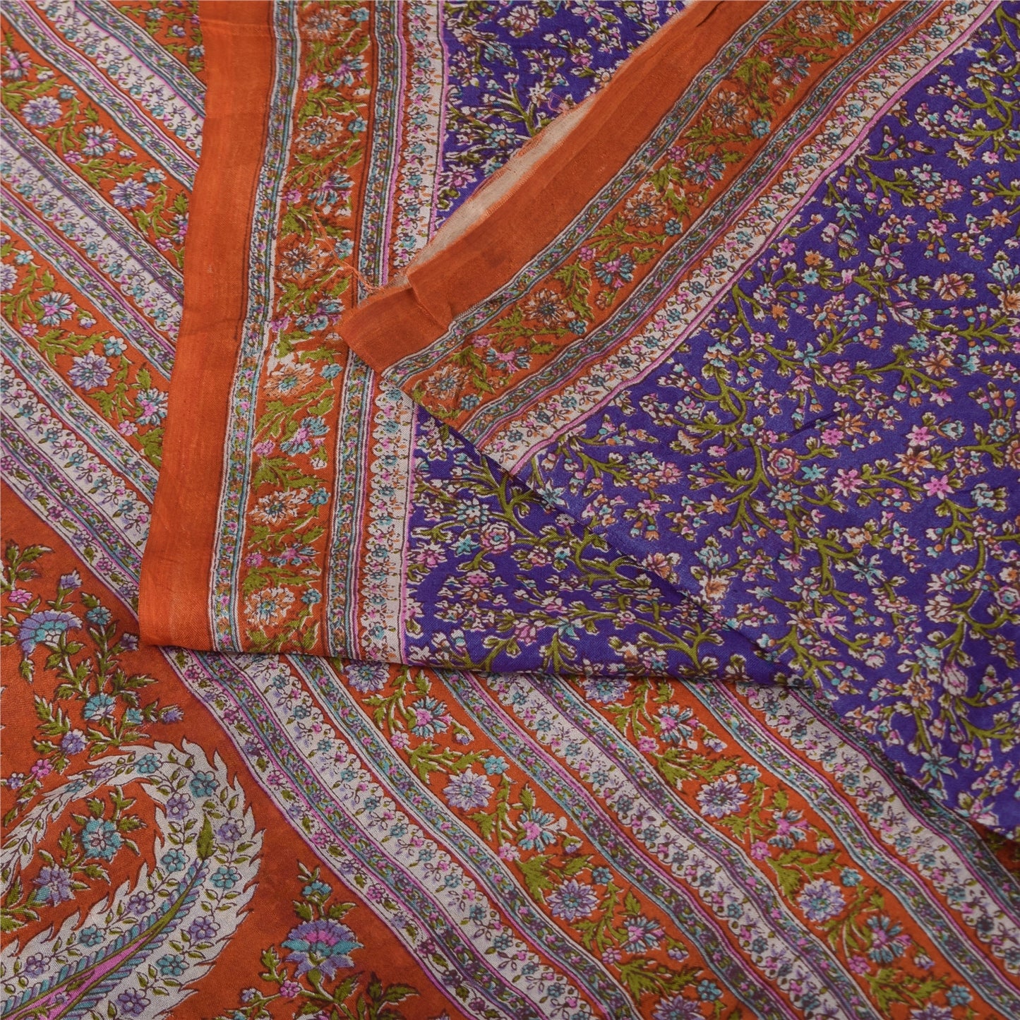 Sanskriti Vintage Sarees Purple/Orange Pure Silk Printed Sari 6yd Craft Fabric