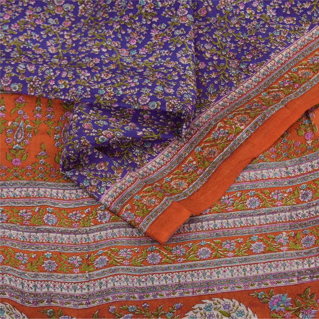 Sanskriti Vintage Sarees Purple/Orange Pure Silk Printed Sari 6yd Craft Fabric