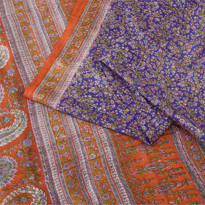 Sanskriti Vintage Sarees Purple/Orange Pure Silk Printed Sari 6yd Craft Fabric