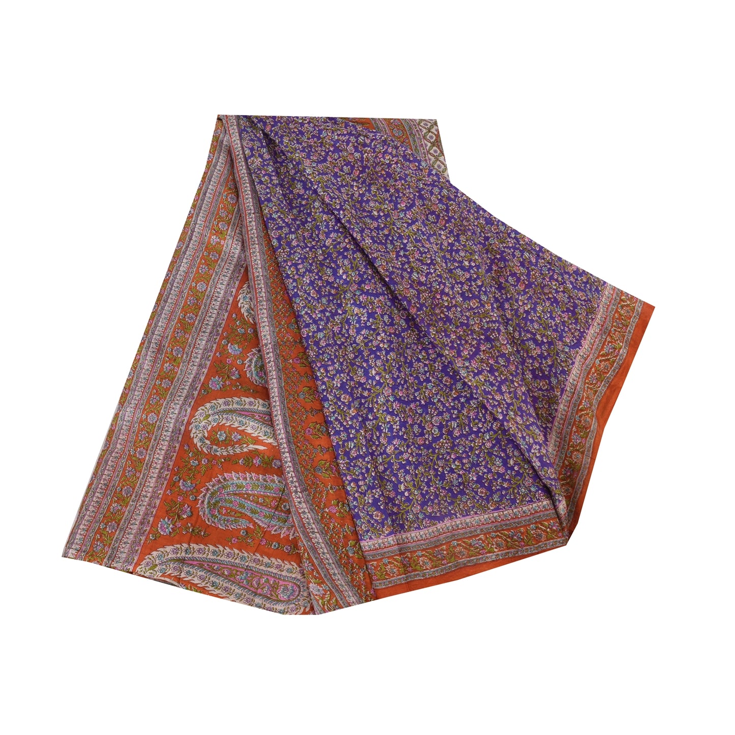 Sanskriti Vintage Sarees Purple/Orange Pure Silk Printed Sari 6yd Craft Fabric