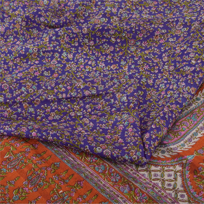 Sanskriti Vintage Sarees Purple/Orange Pure Silk Printed Sari 6yd Craft Fabric