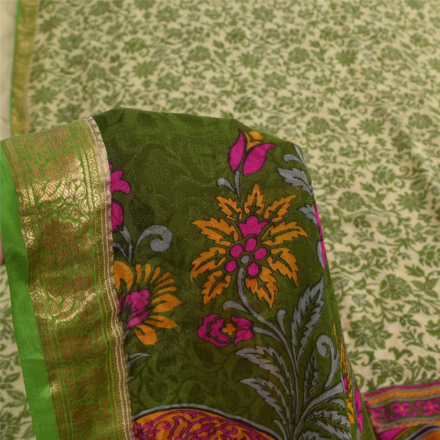 Sanskriti Vintage Sarees Green/Ivory 100%Pure Silk Printed Sari 6yd Craft Fabric