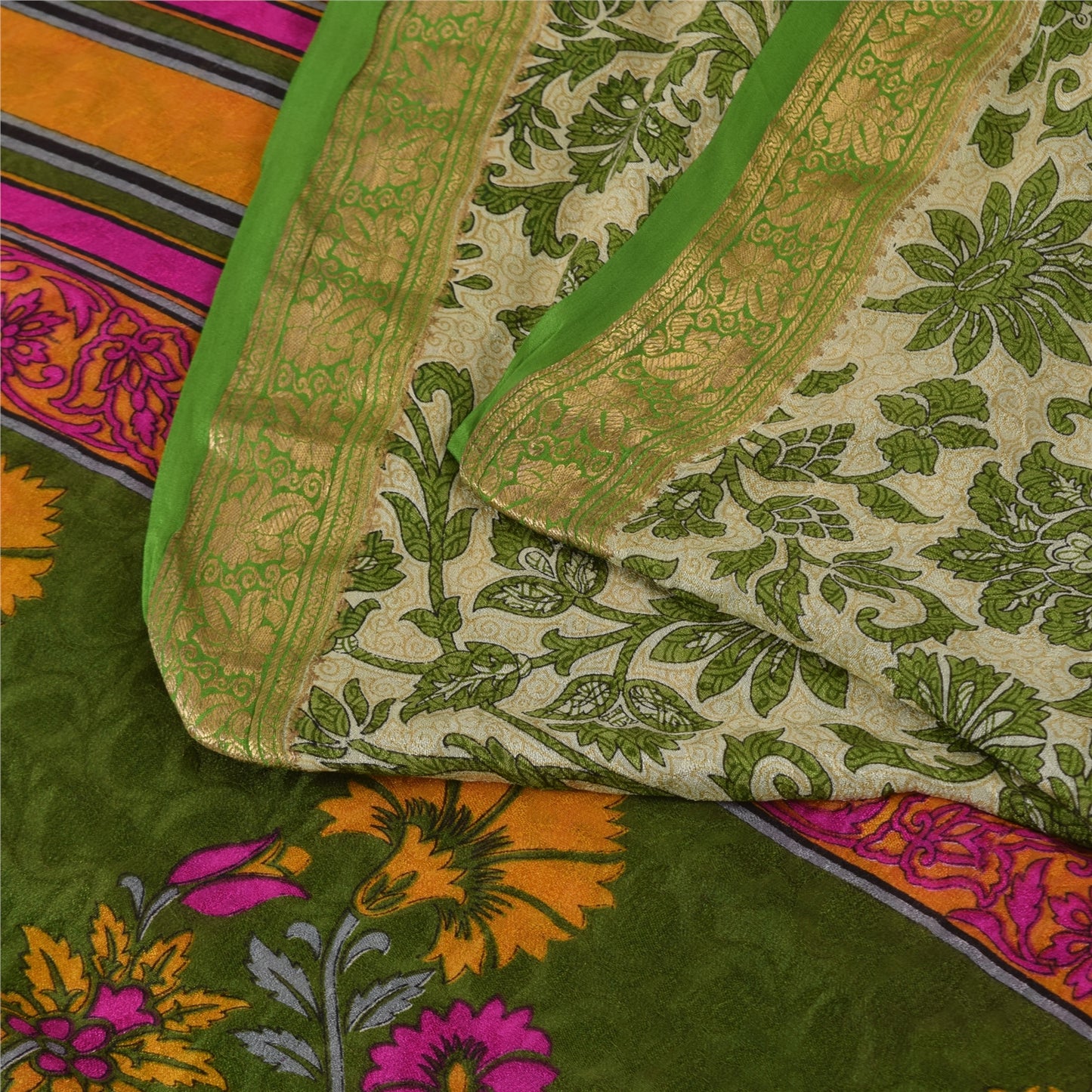 Sanskriti Vintage Sarees Green/Ivory 100%Pure Silk Printed Sari 6yd Craft Fabric