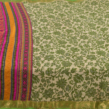 Sanskriti Vintage Sarees Green/Ivory 100%Pure Silk Printed Sari 6yd Craft Fabric