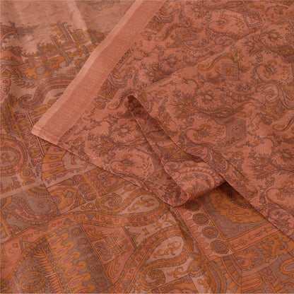 Sanskriti Vintage Sarees Dark Peach 100% Pure Silk Printed Sari 6yd Craft Fabric