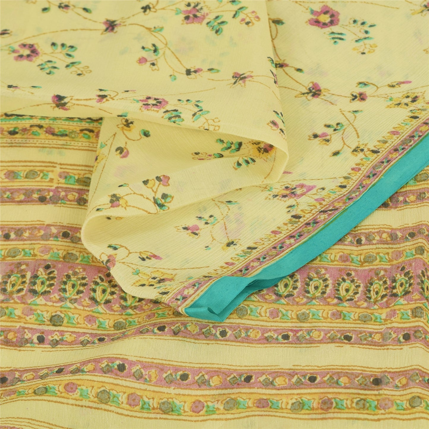 Sanskriti Vintage Sarees Lemon Yellow Pure Silk Printed Sari 6yd Craft Fabric