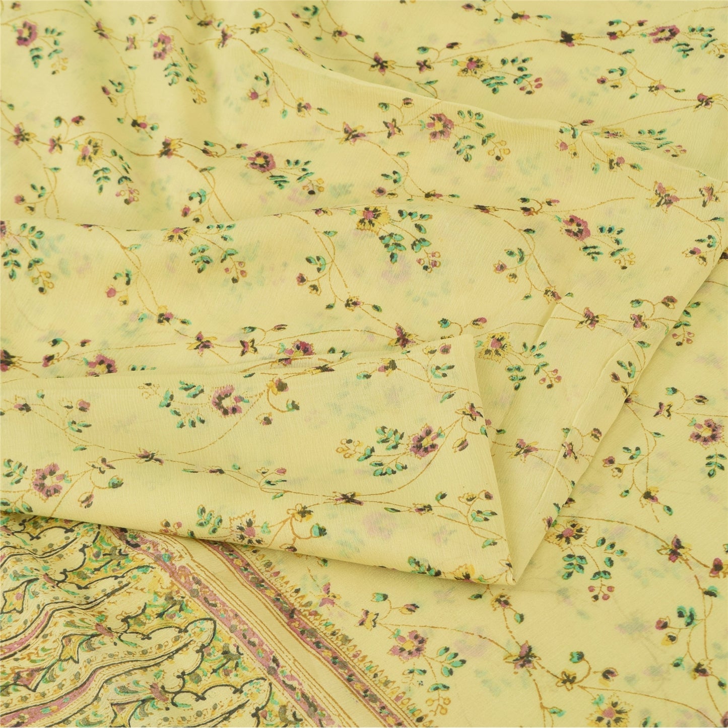 Sanskriti Vintage Sarees Lemon Yellow Pure Silk Printed Sari 6yd Craft Fabric