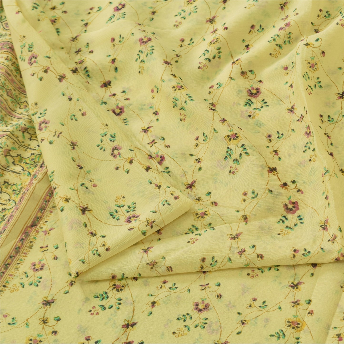 Sanskriti Vintage Sarees Lemon Yellow Pure Silk Printed Sari 6yd Craft Fabric