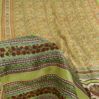 Sanskriti Vintage Sarees Light-Green 100%Pure Silk Printed Sari 5yd Craft Fabric