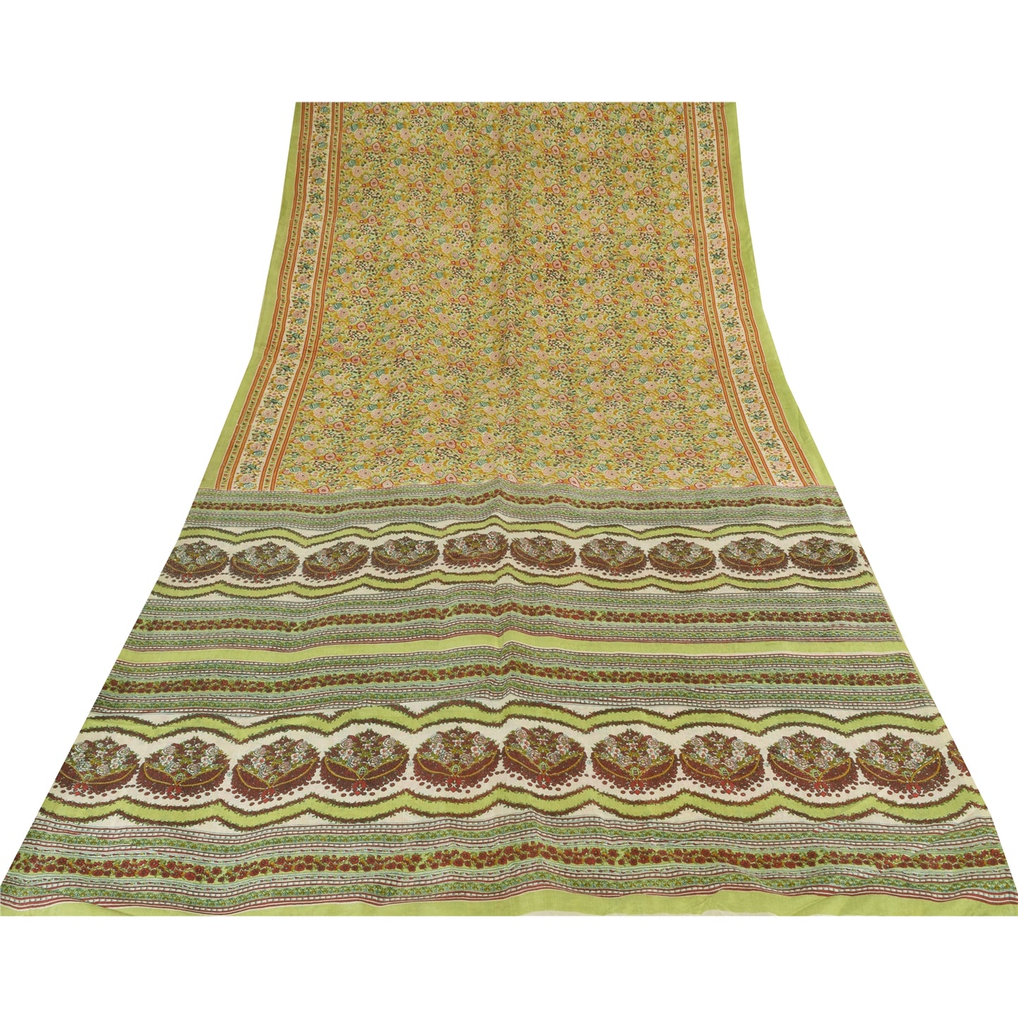 Sanskriti Vintage Sarees Light-Green 100%Pure Silk Printed Sari 5yd Craft Fabric