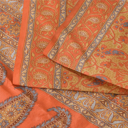 Sanskriti Vintage Sarees Orange Indian Pure Silk Printed Sari 5yd Craft Fabric