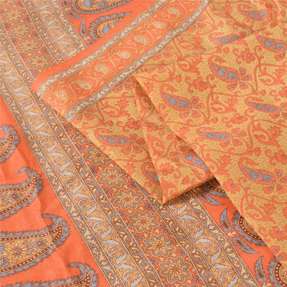 Sanskriti Vintage Sarees Orange Indian Pure Silk Printed Sari 5yd Craft Fabric