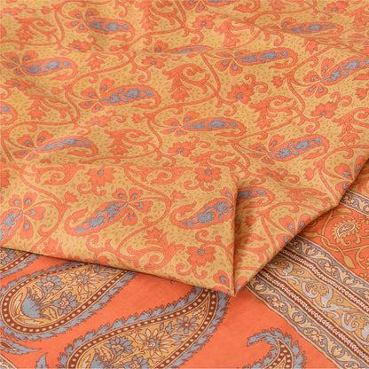 Sanskriti Vintage Sarees Orange Indian Pure Silk Printed Sari 5yd Craft Fabric