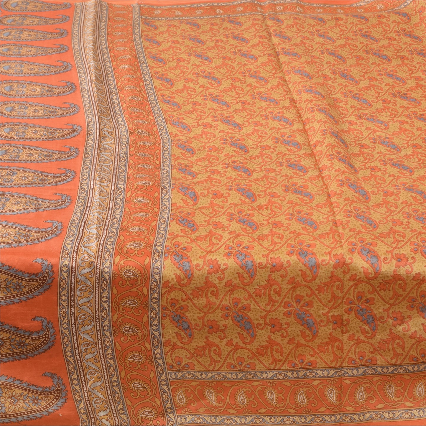 Sanskriti Vintage Sarees Orange Indian Pure Silk Printed Sari 5yd Craft Fabric