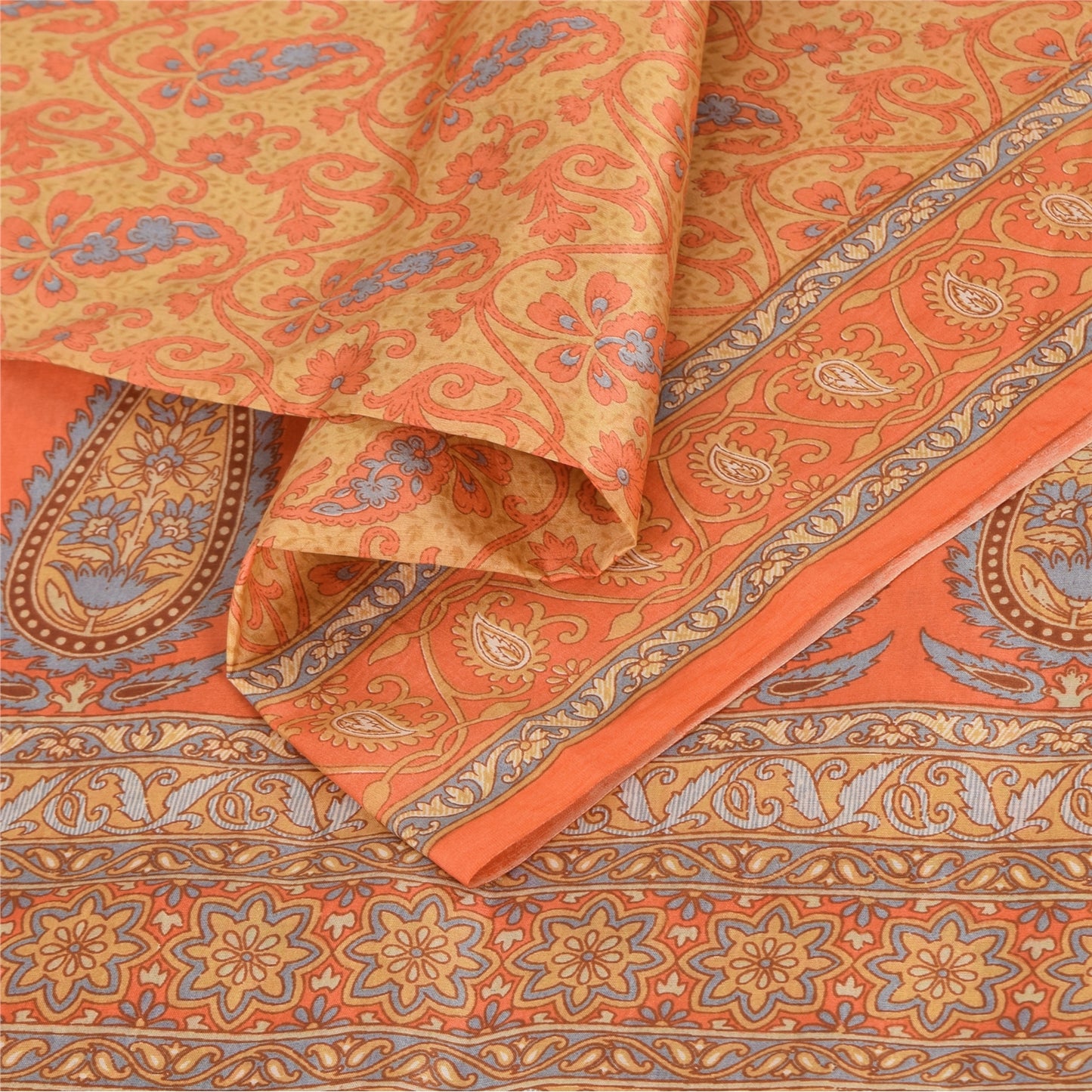 Sanskriti Vintage Sarees Orange Indian Pure Silk Printed Sari 5yd Craft Fabric