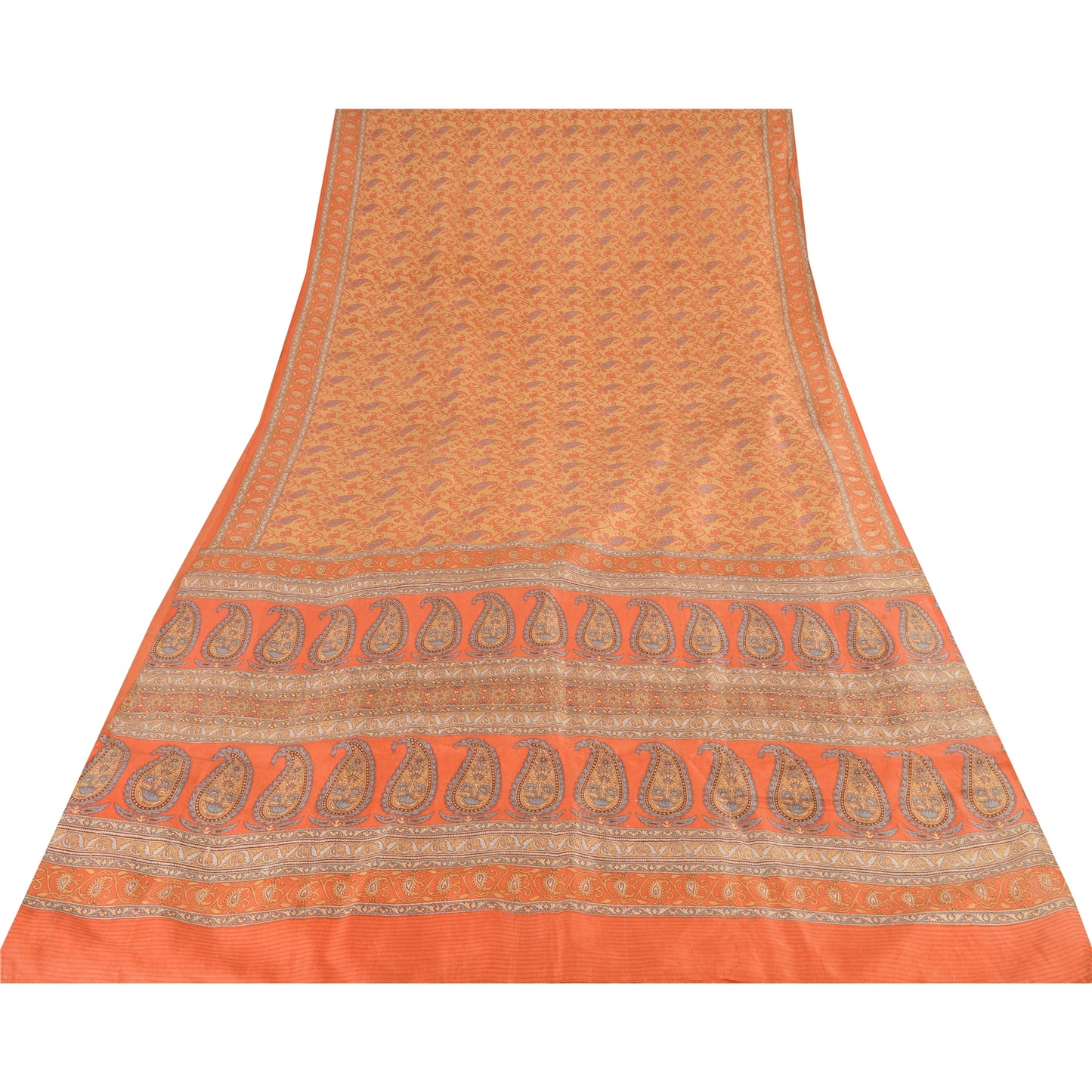 Sanskriti Vintage Sarees Orange Indian Pure Silk Printed Sari 5yd Craft Fabric