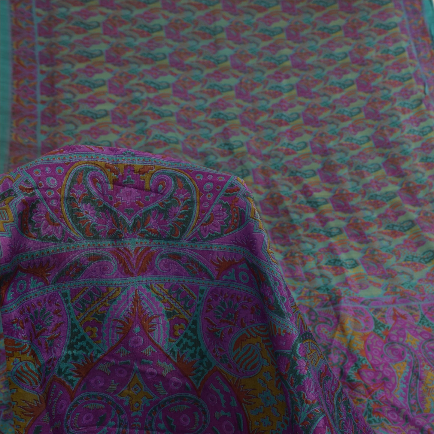 Sanskriti Vintage Sarees Purple/Green Pure Silk Printed Sari 6yd Craft Fabric