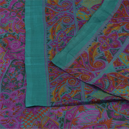 Sanskriti Vintage Sarees Purple/Green Pure Silk Printed Sari 6yd Craft Fabric