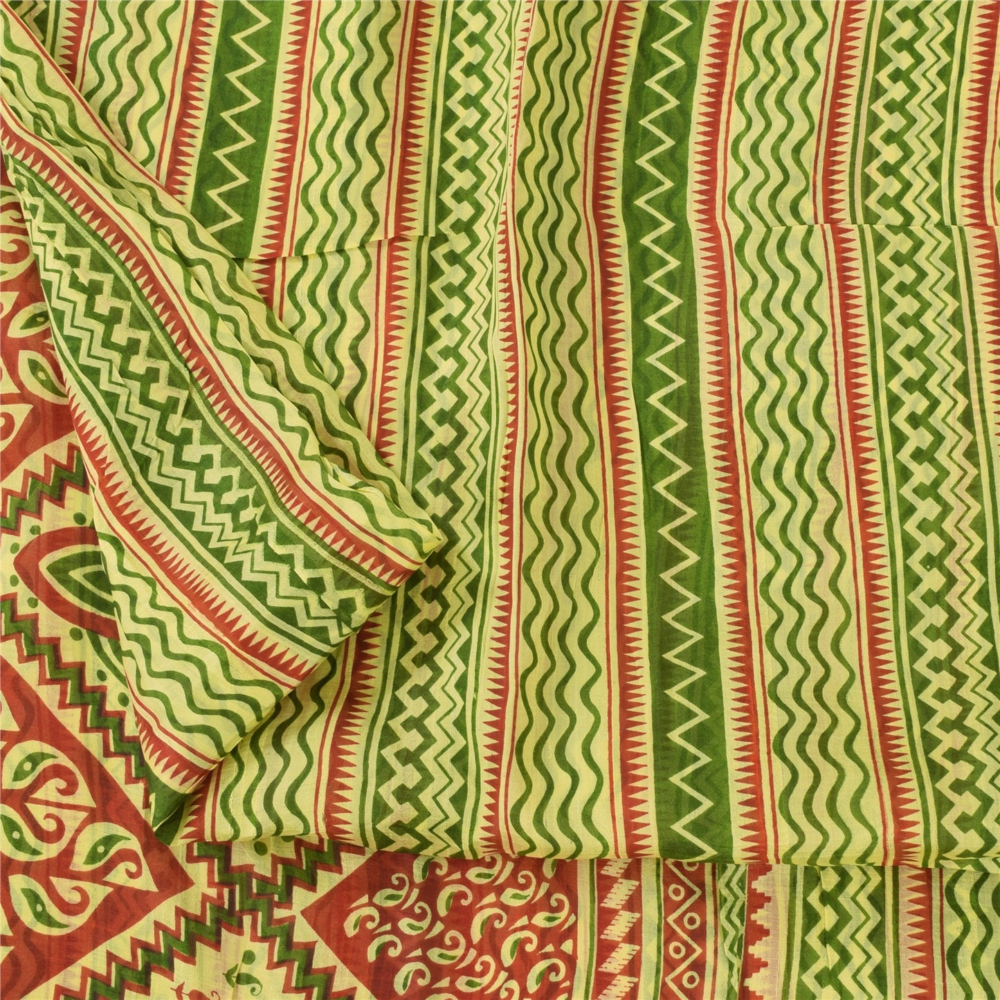 Sanskriti Vintage Sarees Green/Red 100% Pure Silk Printed Sari 5yd Craft Fabric