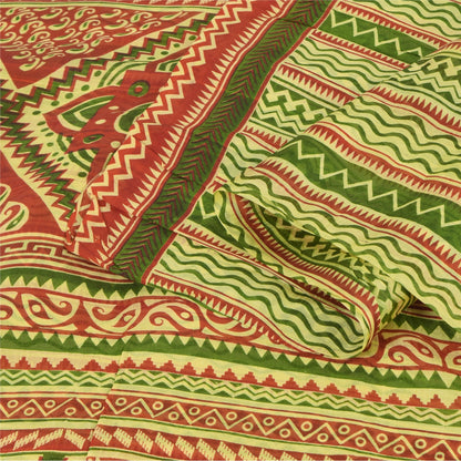 Sanskriti Vintage Sarees Green/Red 100% Pure Silk Printed Sari 5yd Craft Fabric