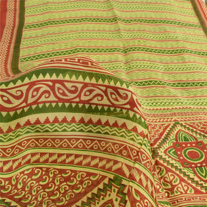 Sanskriti Vintage Sarees Green/Red 100% Pure Silk Printed Sari 5yd Craft Fabric