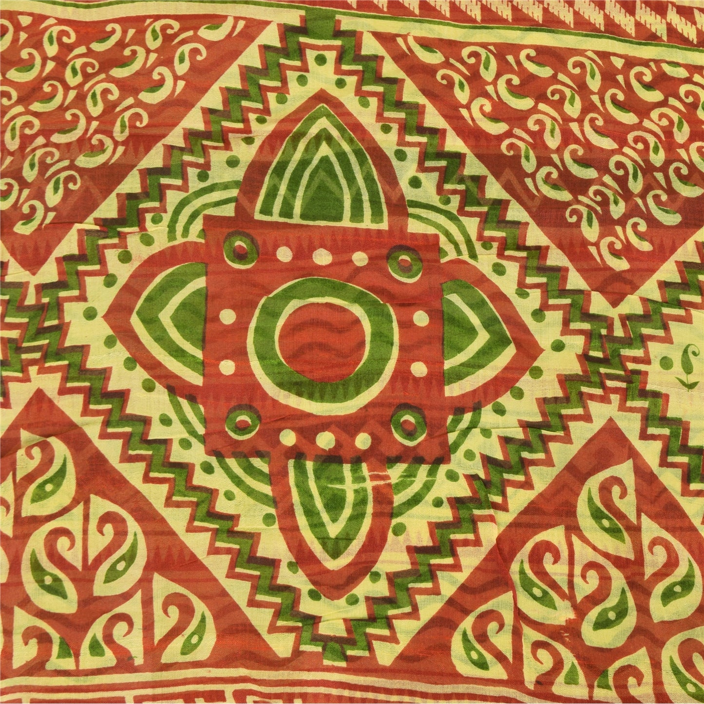 Sanskriti Vintage Sarees Green/Red 100% Pure Silk Printed Sari 5yd Craft Fabric