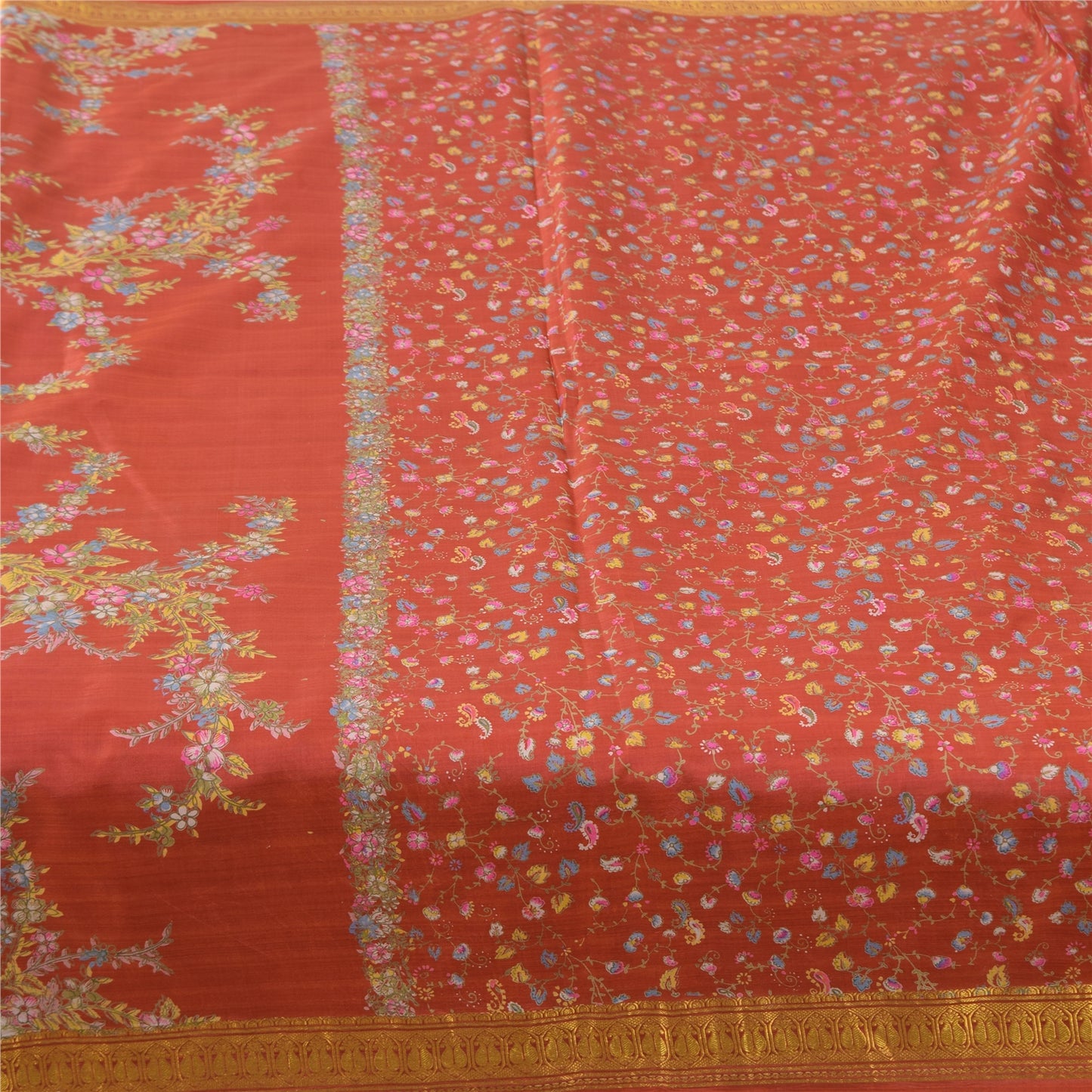 Sanskriti Vintage Sarees Red Zari Border Pure Silk Printed Sari 6yd Craft Fabric