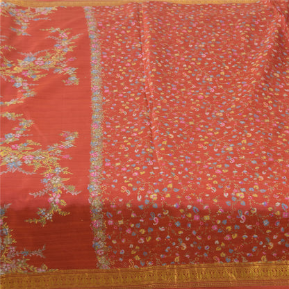 Sanskriti Vintage Sarees Red Zari Border Pure Silk Printed Sari 6yd Craft Fabric