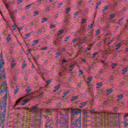 Sanskriti Vintage Sarees Pink/Blue Pure Silk Bird Printed Sari 6yd Craft Fabric