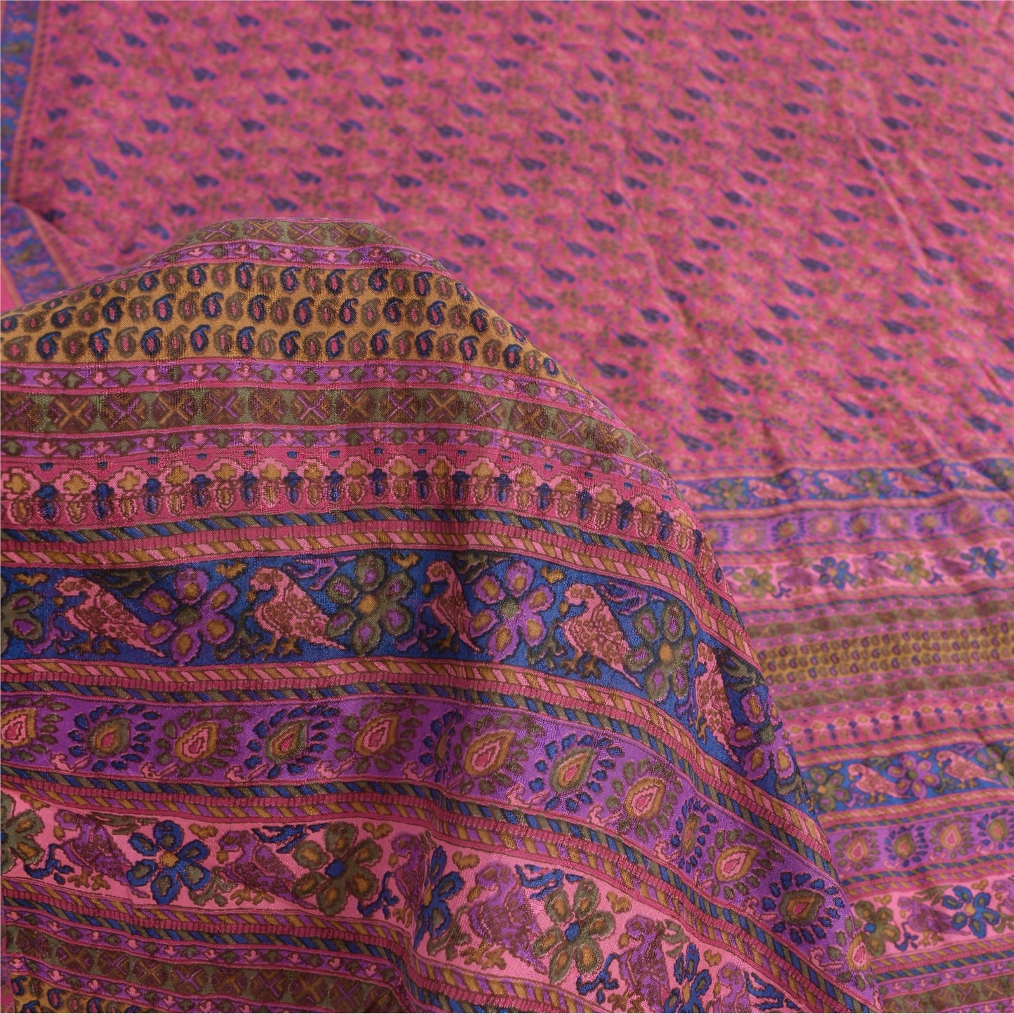 Sanskriti Vintage Sarees Pink/Blue Pure Silk Bird Printed Sari 6yd Craft Fabric