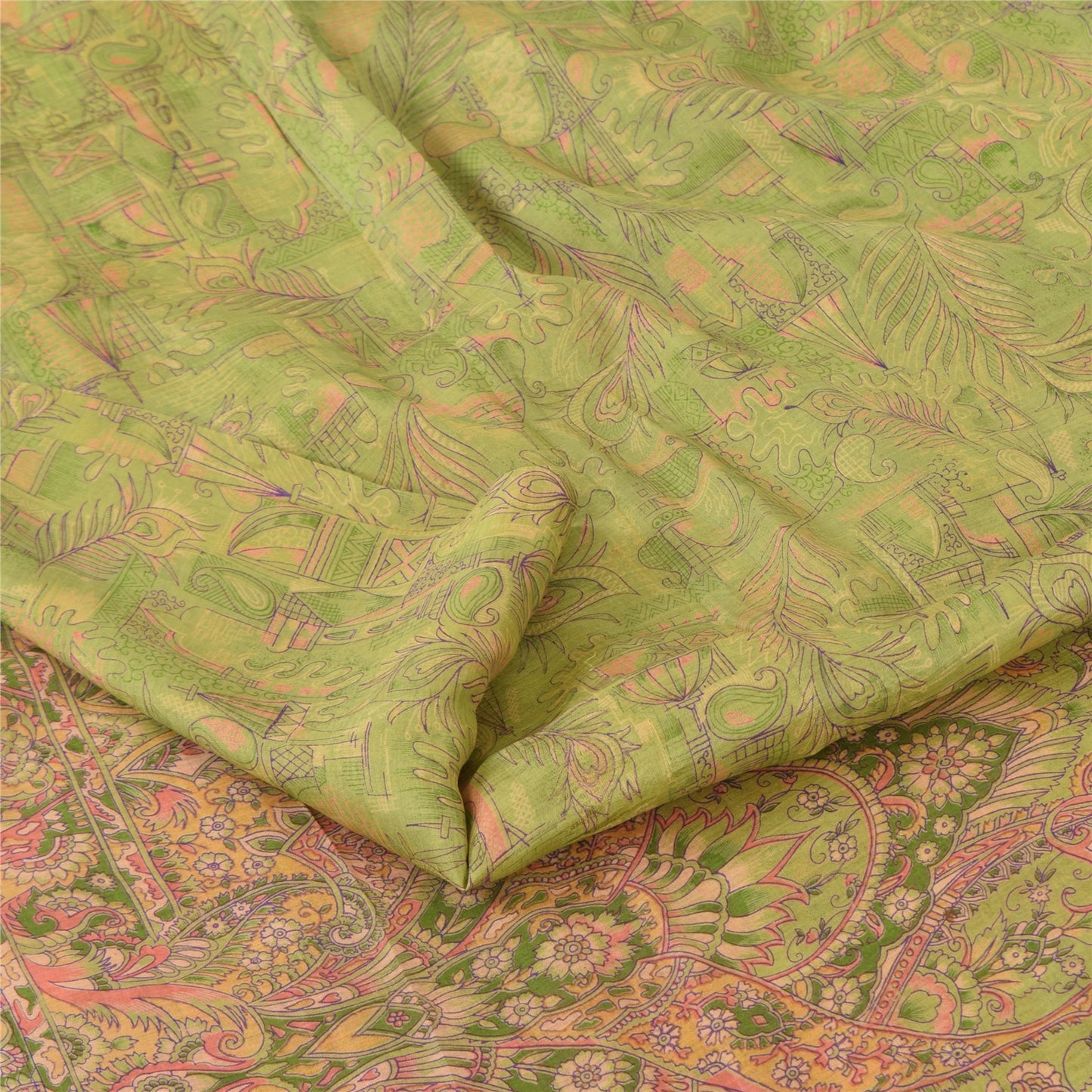 Sanskriti Vintage Sarees Green Indian Pure Silk Printed Sari 5yd Craft Fabric