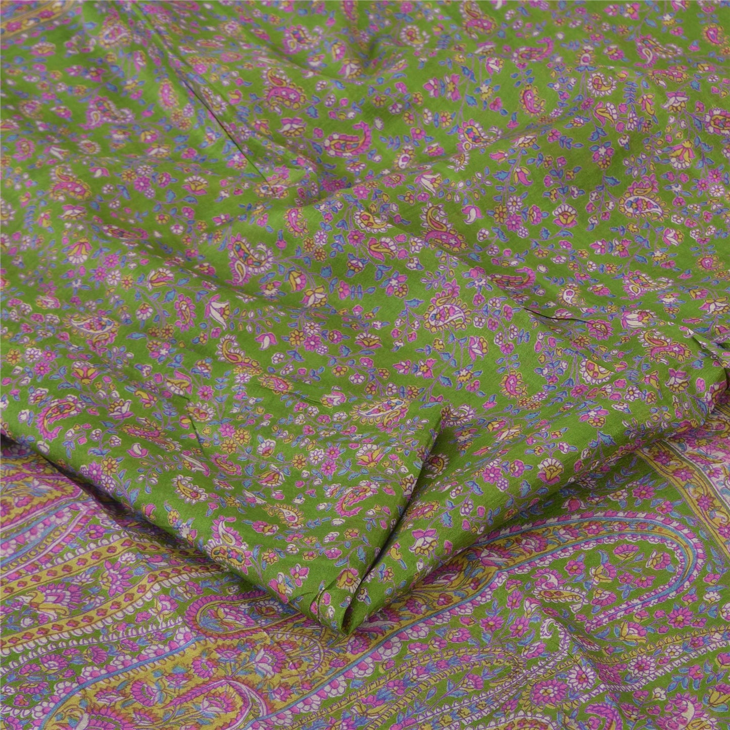 Sanskriti Vintage Sarees Green/Purple Pure Silk Printed Sari 5yd Craft Fabric