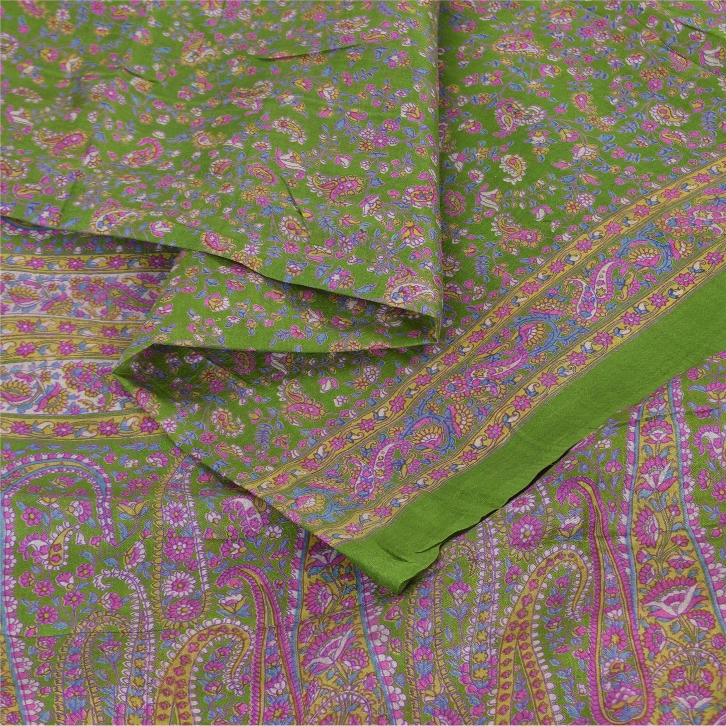 Sanskriti Vintage Sarees Green/Purple Pure Silk Printed Sari 5yd Craft Fabric