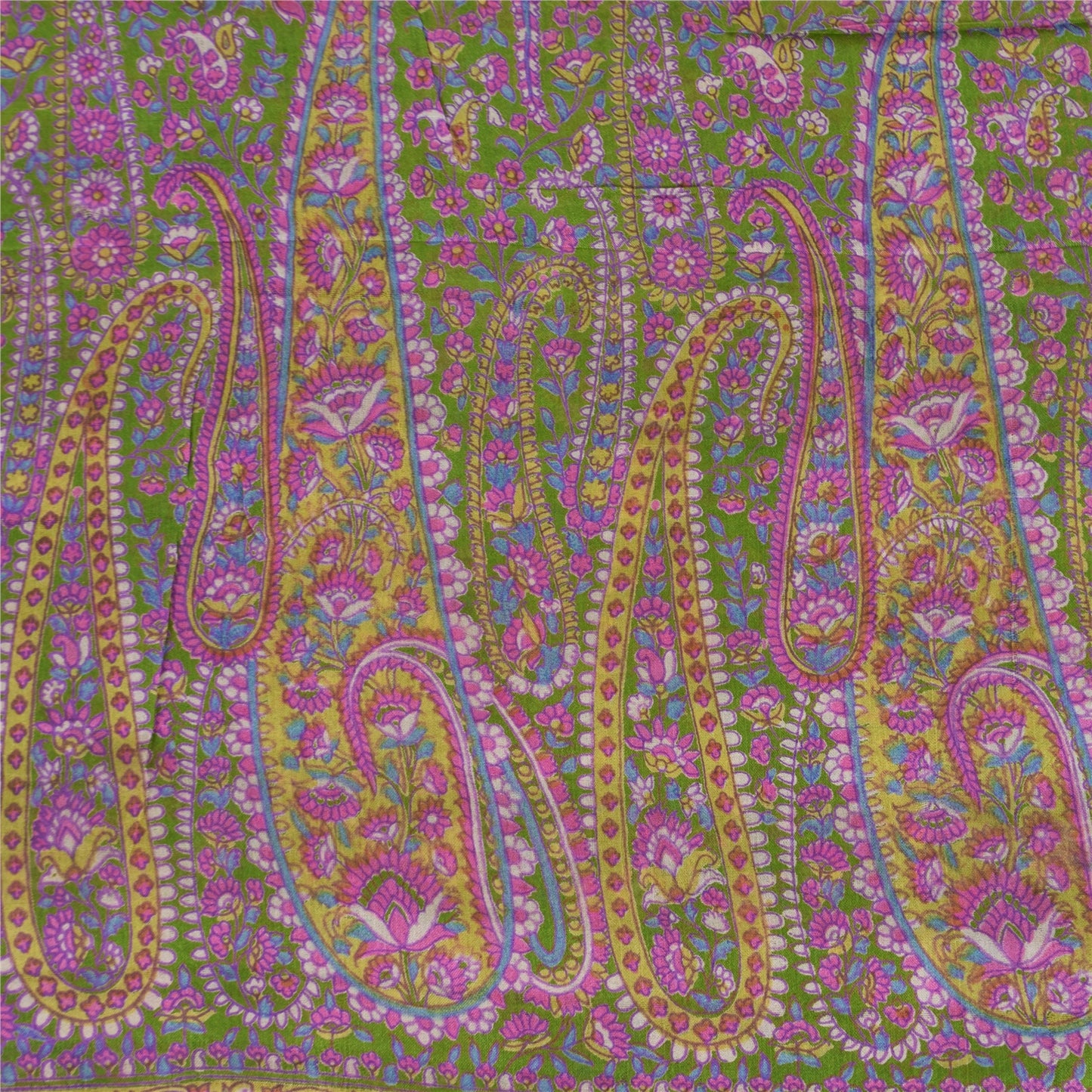 Sanskriti Vintage Sarees Green/Purple Pure Silk Printed Sari 5yd Craft Fabric