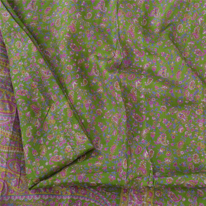 Sanskriti Vintage Sarees Green/Purple Pure Silk Printed Sari 5yd Craft Fabric