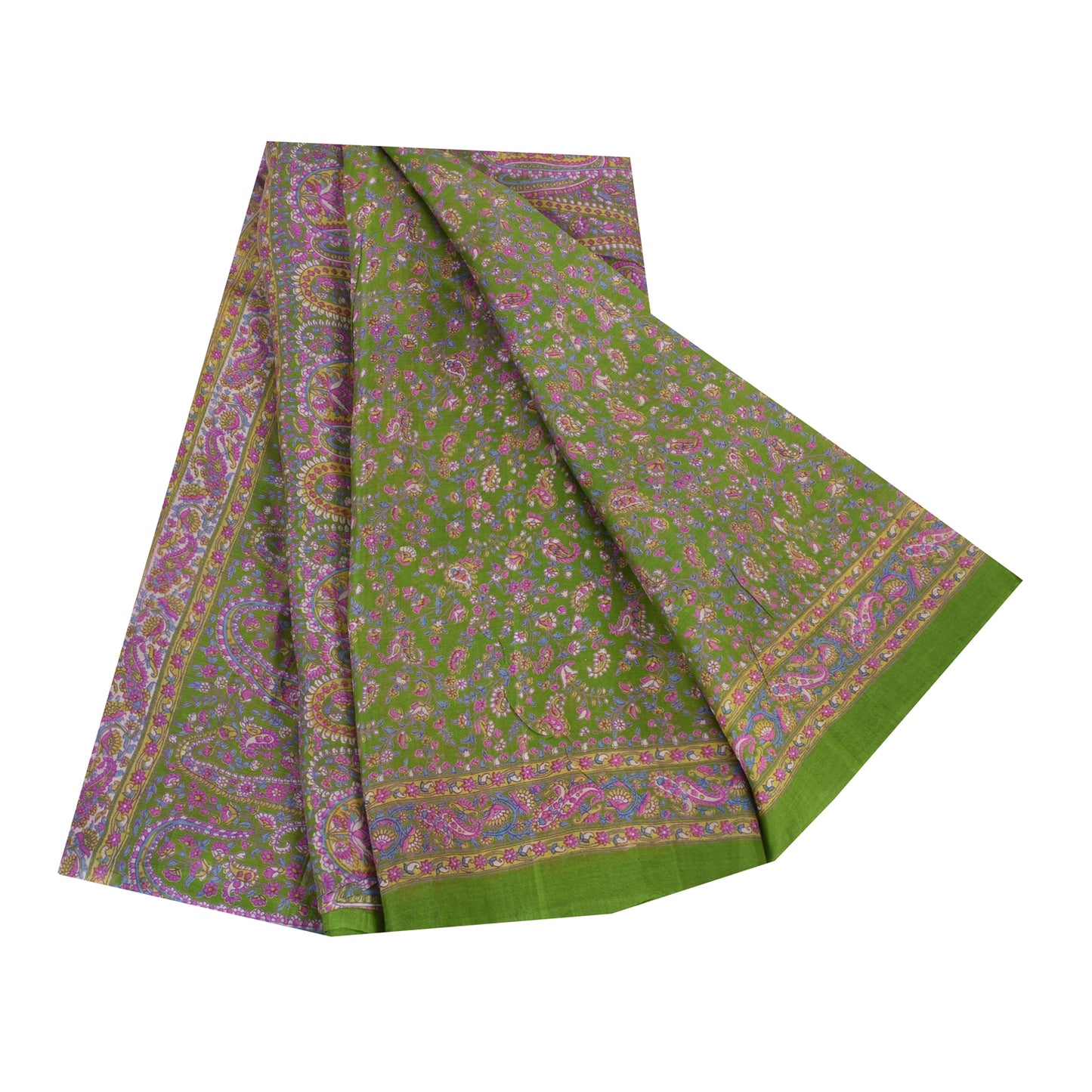 Sanskriti Vintage Sarees Green/Purple Pure Silk Printed Sari 5yd Craft Fabric