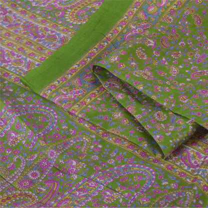 Sanskriti Vintage Sarees Green/Purple Pure Silk Printed Sari 5yd Craft Fabric