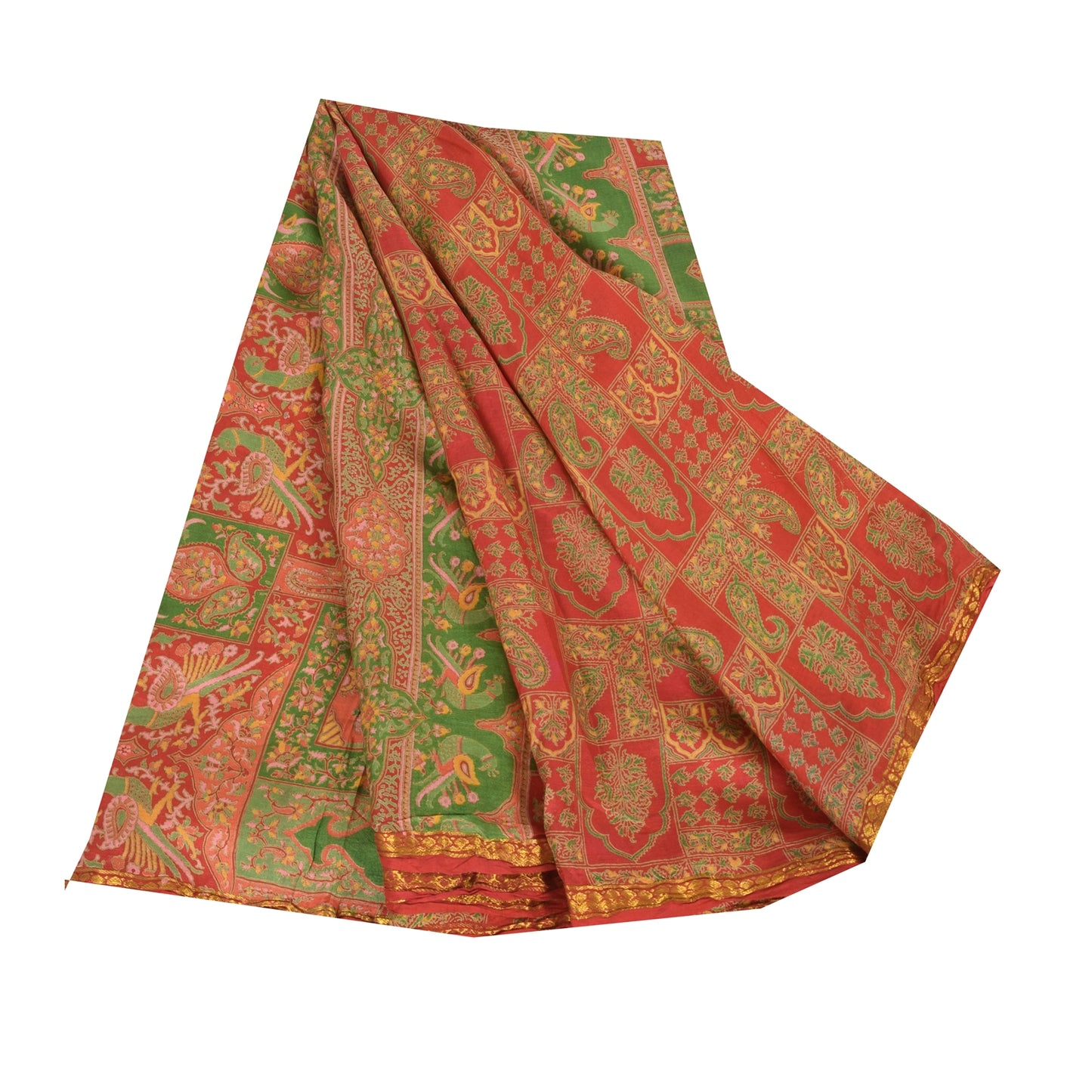 Sanskriti Vintage Sarees Red/Green 100% Pure Silk Printed Sari 6yd Craft Fabric