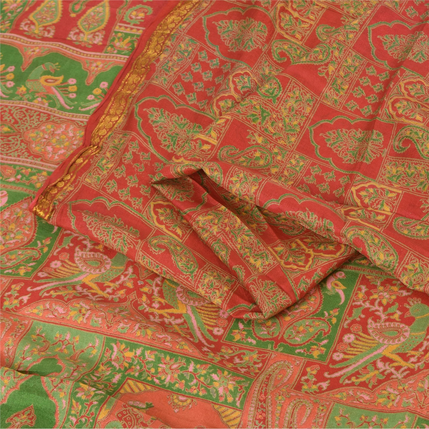 Sanskriti Vintage Sarees Red/Green 100% Pure Silk Printed Sari 6yd Craft Fabric