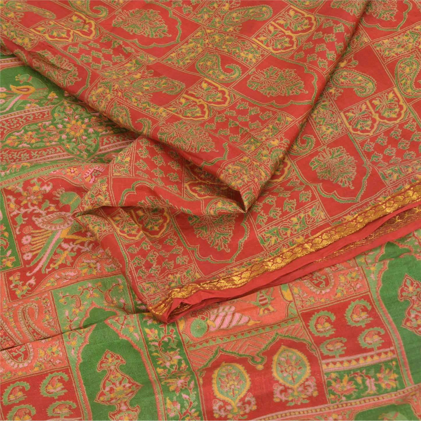 Sanskriti Vintage Sarees Red/Green 100% Pure Silk Printed Sari 6yd Craft Fabric