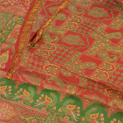 Sanskriti Vintage Sarees Red/Green 100% Pure Silk Printed Sari 6yd Craft Fabric