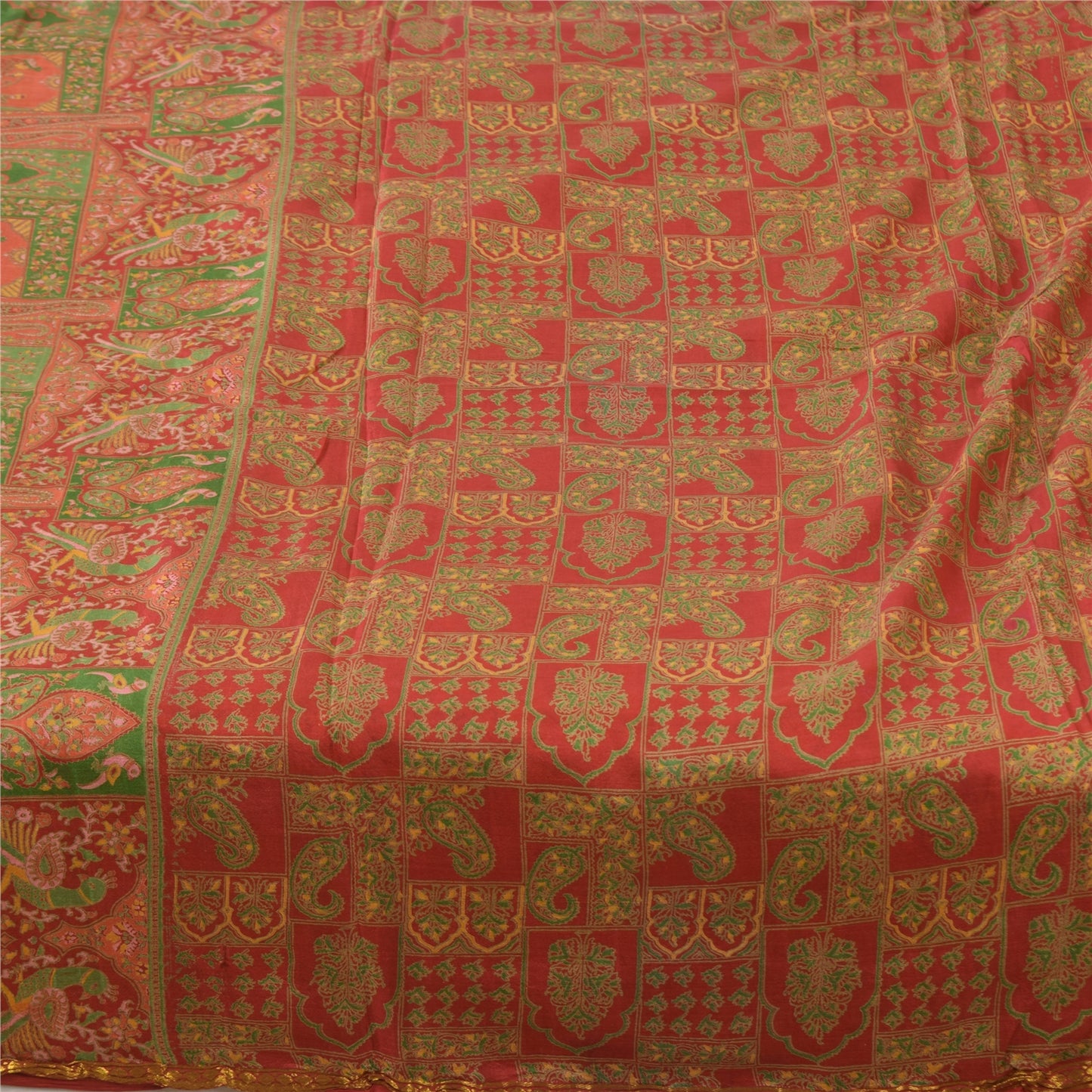 Sanskriti Vintage Sarees Red/Green 100% Pure Silk Printed Sari 6yd Craft Fabric