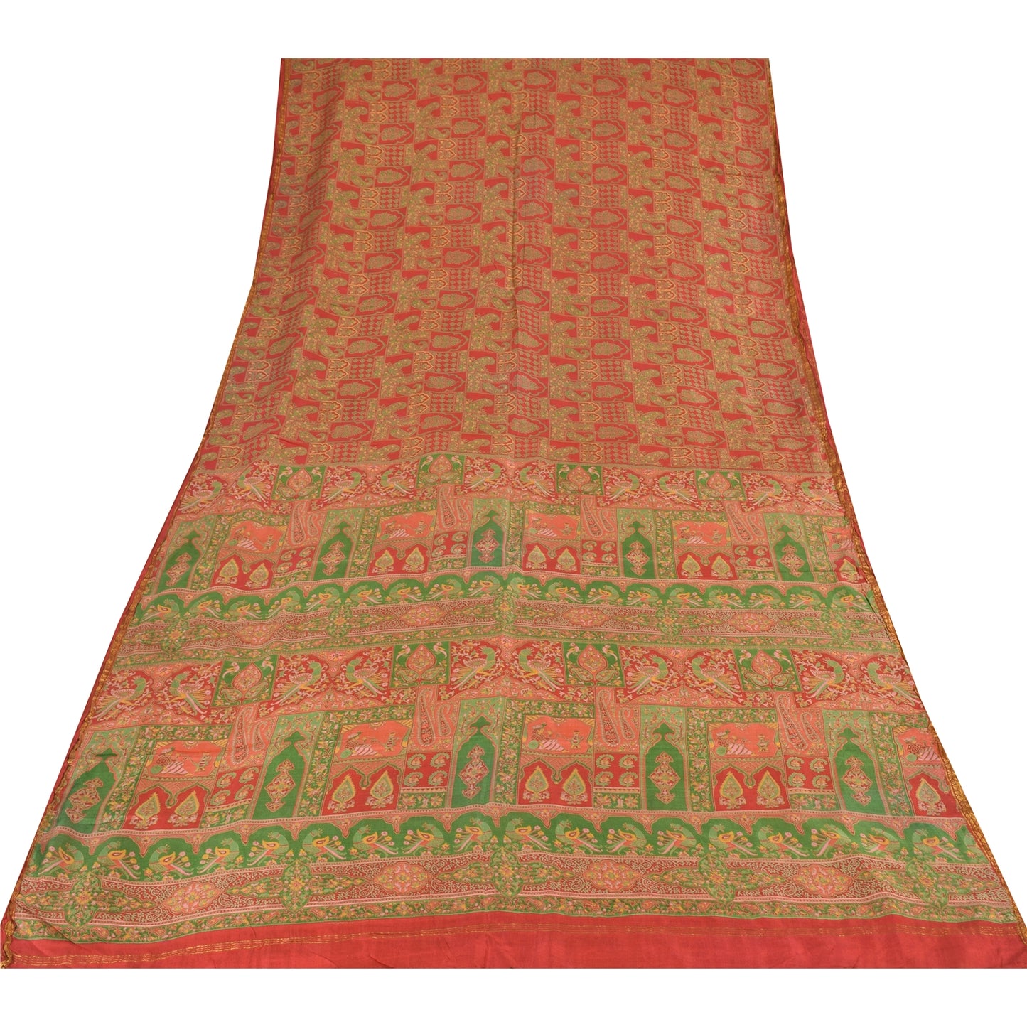 Sanskriti Vintage Sarees Red/Green 100% Pure Silk Printed Sari 6yd Craft Fabric