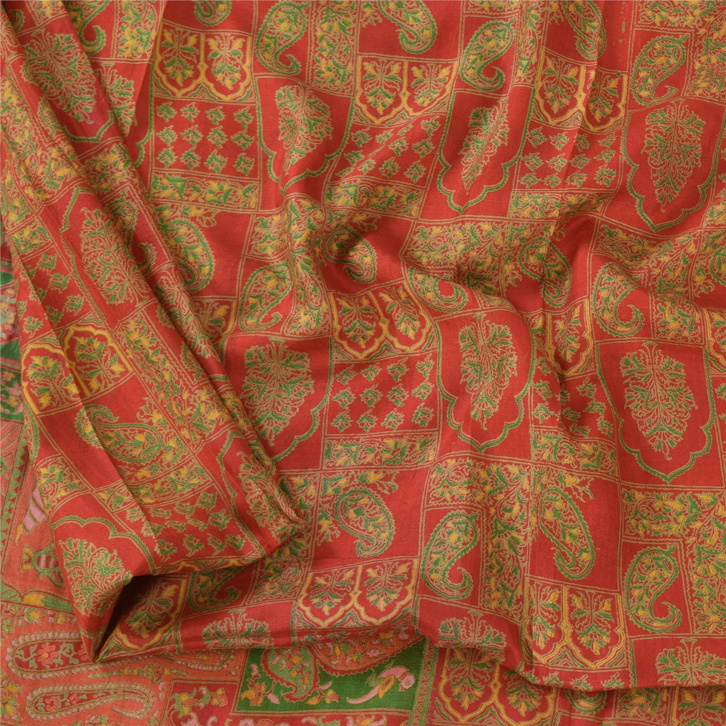 Sanskriti Vintage Sarees Red/Green 100% Pure Silk Printed Sari 6yd Craft Fabric