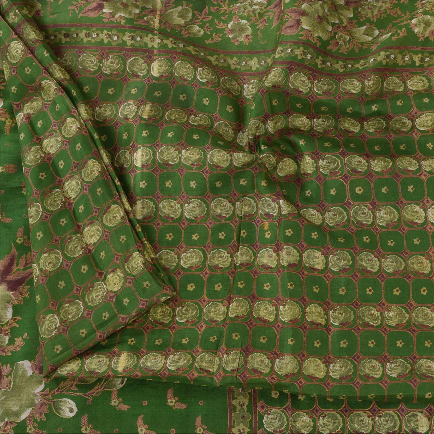 Sanskriti Vintage Sarees Green Indian Pure Silk Printed Sari 6yd Craft Fabric