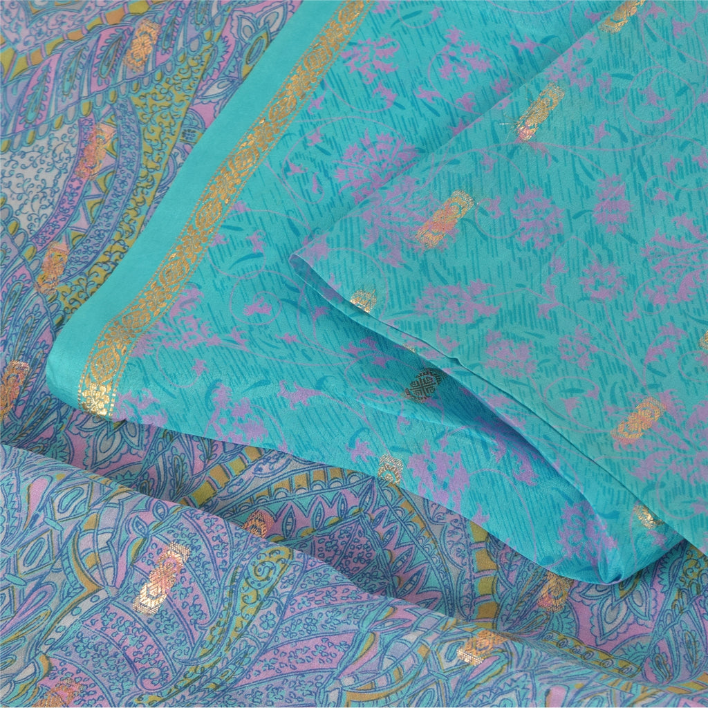 Sanskriti Vintage Sarees Blue Woven Printed Pure Silk Sari 5yd Craft Fabric