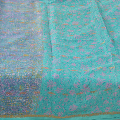 Sanskriti Vintage Sarees Blue Woven Printed Pure Silk Sari 5yd Craft Fabric