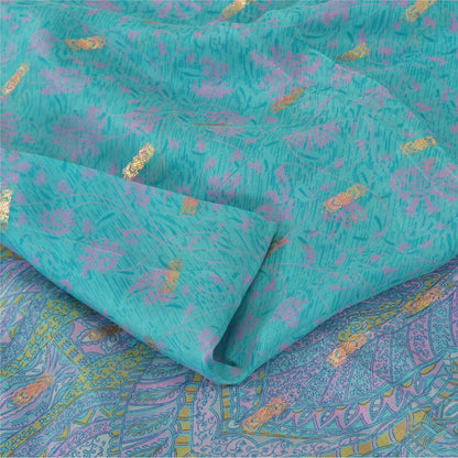 Sanskriti Vintage Sarees Blue Woven Printed Pure Silk Sari 5yd Craft Fabric